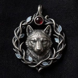 May include: A silver pendant with a wolf's head design, encircled by a vine motif with small blue leaves. A red gemstone sits at the top. The pendant's wolf has detailed fur and hangs from a loop.