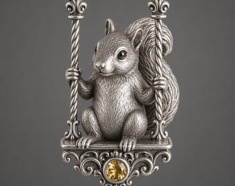 Colar com pingente de esquilo em prata com detalhe de gema amarela.