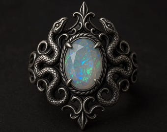 Anel gótico artesanal em forma de cobra com opala, anel marcante em prata com pedra oval iridescente.