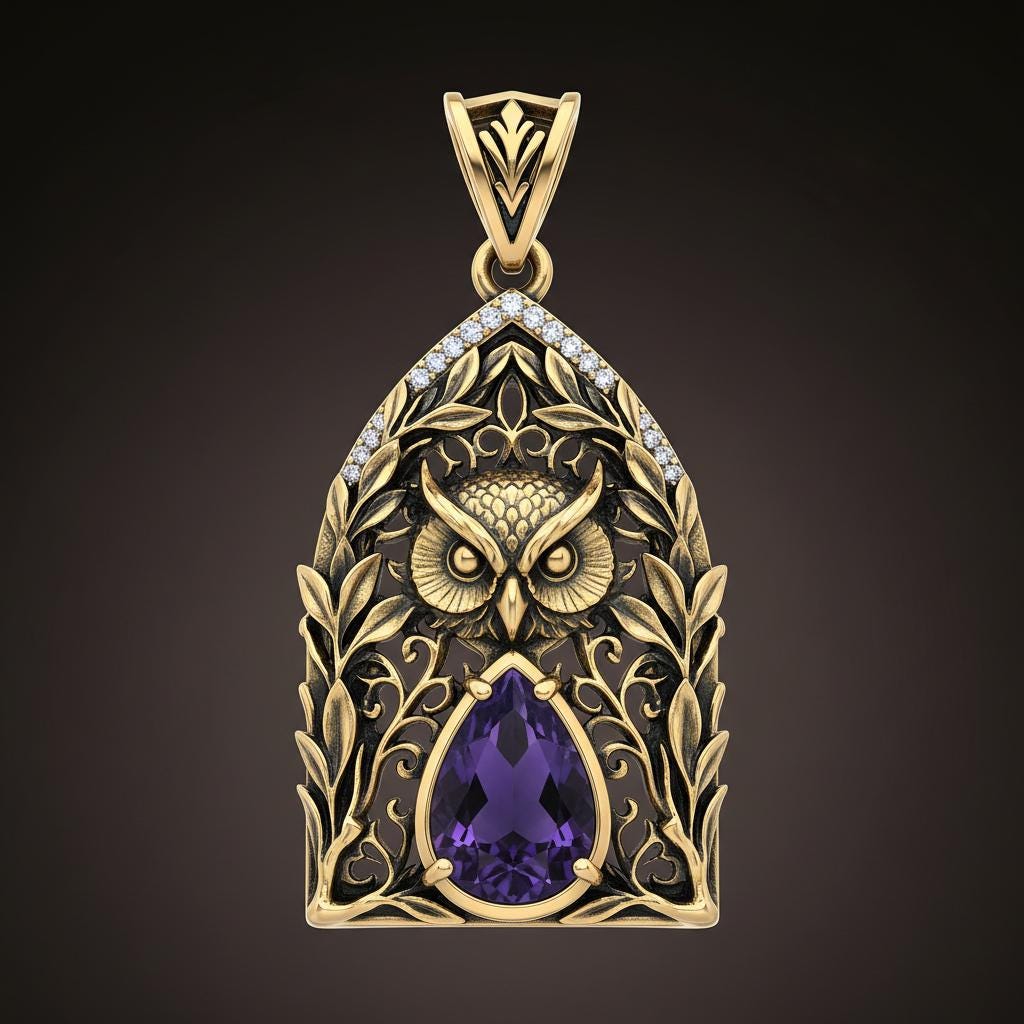 Gold Owl Pendant Necklace with Purple Stone &ndash; Gothic Arch Filigree Gold Plated Sterling Silver