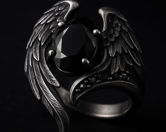 Angel Wing Black Stone Ring, Silver Gothic Statement Band, Dark Fantasy Jewelry