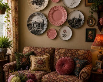 Neutral Transferware Ready to Hang Plate Wall with Pink Accent Pottery