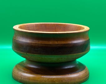 Hand Turned Segmented Wood Pedestal Bowl – Mid Century Modern Fruit Catch-All Dish