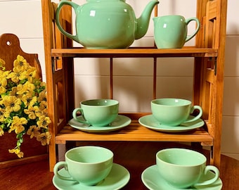 Old Amsterdam Porcelain Works Seafoam Green Tea Set | Teapot Creamer 4 Cups & Saucers