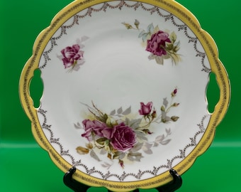 Vintage Austrian China Handled Cake Plate Yellow with Hand Painted Pink Roses
