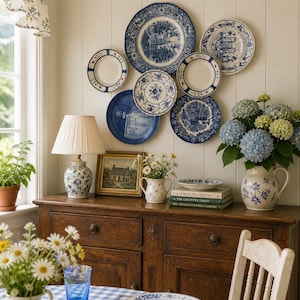 Vintage Blue and White Ironstone and Transferware Build a Plate Wall Set