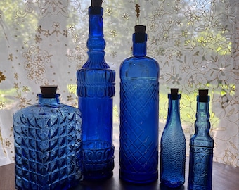 Vintage Cobalt Blue Glass Bottle Collection – Set of 5 with Cork Stoppers