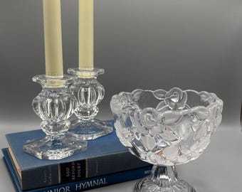 Vintage Gorham Baroque Crystal Candlestick Pair with Rose Etched Waltherglas Candy Dish