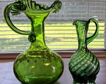 Vintage  Green Hand Blown Art Glass Pitcher Duo – MCM Ruffled Ewer, Swirl Cruet