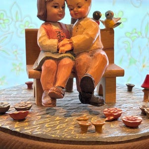 Vintage ANRI Carved Wood Music Box with couple under tree “What Now My Love” Thorens Swiss Movement – Hand-Painted Italy, Rotating Platform