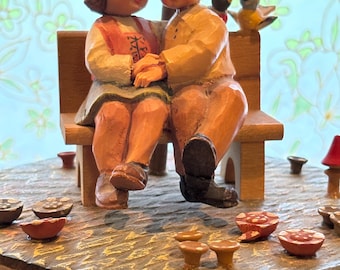 Vintage ANRI Carved Wood Music Box with couple under tree “What Now My Love” Thorens Swiss Movement – Hand-Painted Italy, Rotating Platform