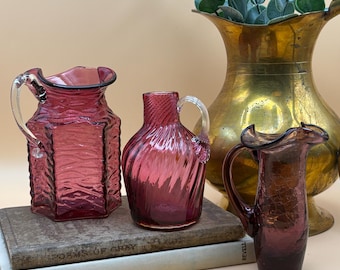 Vintage Cranberry Pilgrim Glass Pitchers Lot of 3