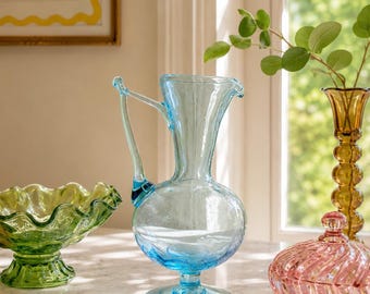Vintage Italian Hand Blown Blue Glass Ewer, Mid Century Empoli Pitcher