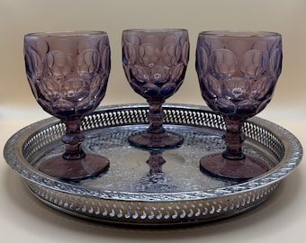 Amethyst Water Goblets, Imperial Glass Provincial Thumbprint Barware Set of 3