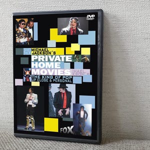 May include: A DVD case for Michael Jackson's "Private Home Movies." The cover is black with images of Michael Jackson and text that reads "The King of Pop Up Close & Personal." The DVD case has a black border and the FOX logo.