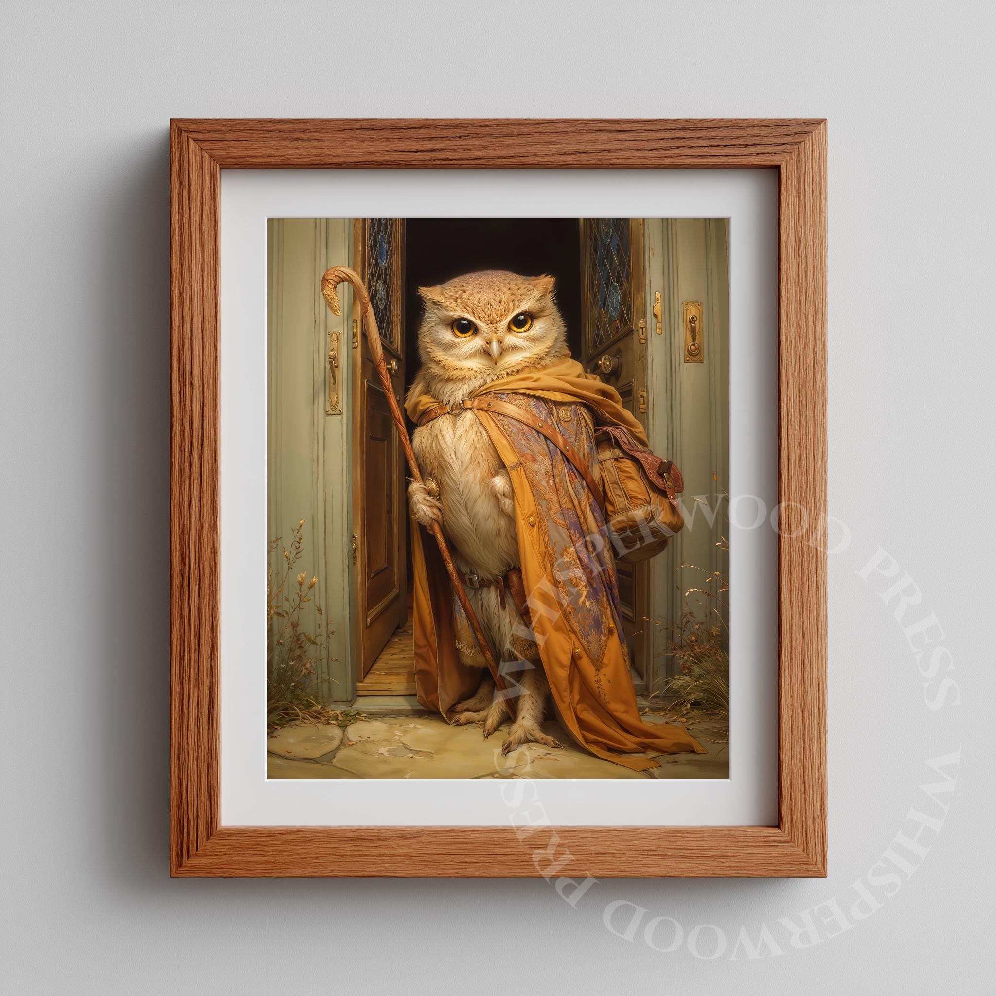 Printable Rustic Fantasy Owl Wizard Art - Storybook Forest Owl Illustration, Vintage Adventure Decor