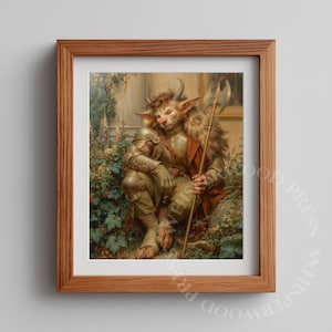 May include: A framed print depicting a horned fantasy figure in armour, holding a polearm. The artwork has a detailed, painterly style with a warm colour palette, set against a backdrop of foliage and a building.