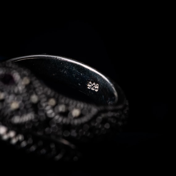 Vintage Marcasite Ruby Snake Ring, Silver Serpent… - image 3