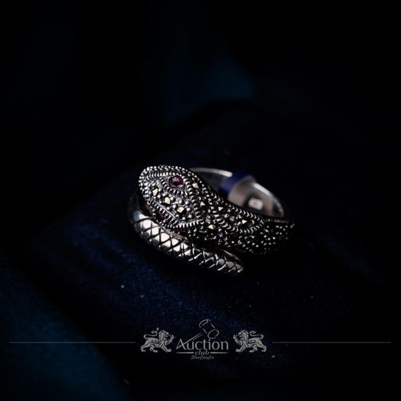 Vintage Marcasite Ruby Snake Ring, Silver Serpent… - image 1