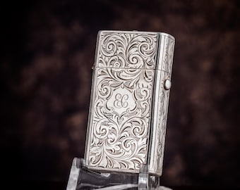 Antique 1866 British AT Engraved Silver Lighter – Vintage Semi Automatic Lighter, Collectible Retro Pocket Lighter, Gift for Men