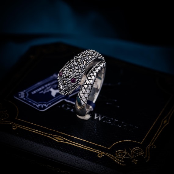 Vintage Marcasite Ruby Snake Ring, Silver Serpent… - image 4