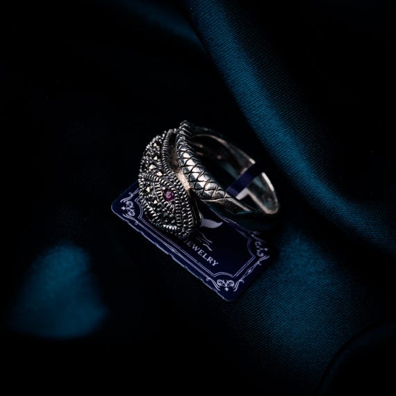 Vintage Marcasite Ruby Snake Ring, Silver Serpent… - image 2