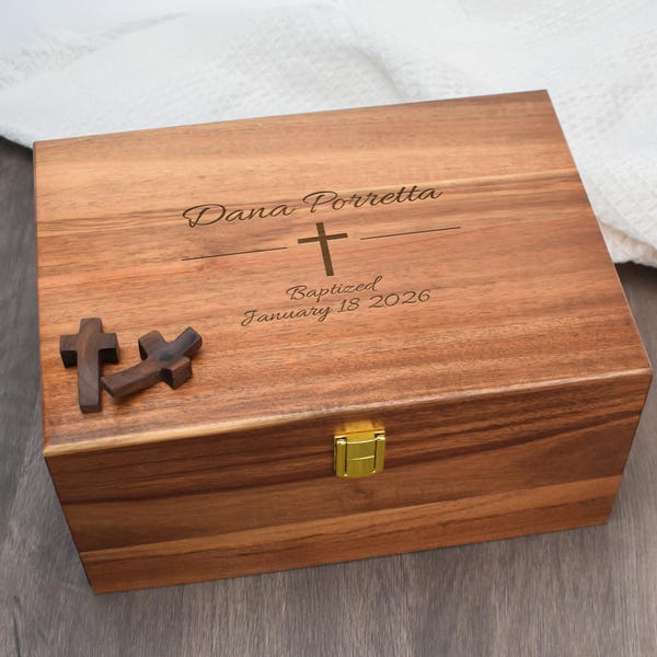 Gravierte Holz Aufbewahrungsbox, personalisierte Taufe, Erstkommunion, Taufgeschenk, religiöses Geschenk für Patenkind, Enkelkind, Paten