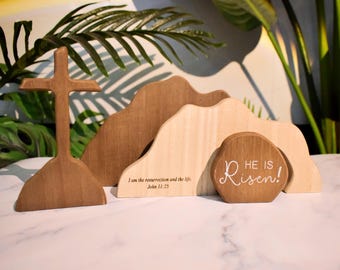 Cena da Ressurreição em Madeira Gravada, Túmulo Vazio e Cruz para Decoração de Páscoa, Ele Ressuscitou, Presente Cristão, Decoração de Fé