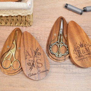 Embroidery Scissor Keeper Set,Custom Name Wooden Magnetic Scissor Box,Sewing Gift for Seamstress & Crafter