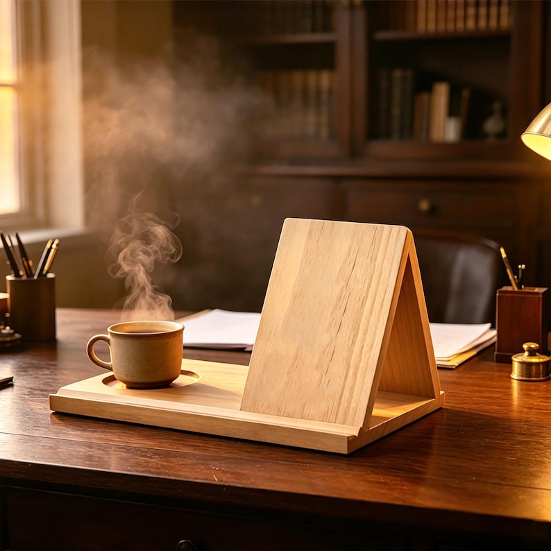 May include: A light-colored wooden desk organizer featuring an integrated circular coaster for a mug and an upright triangular stand for holding a tablet or book. A ceramic mug with steaming hot liquid sits in the coaster on the wooden base.