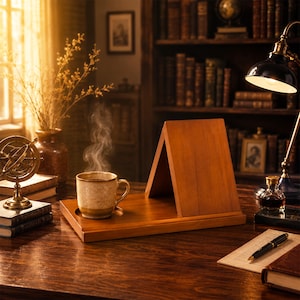 May include: A wooden desk organizer featuring a built-in stand for a book or tablet and a circular recessed coaster. A ceramic mug filled with a steaming hot beverage sits in the coaster. The organizer is crafted from smooth, medium-toned wood.