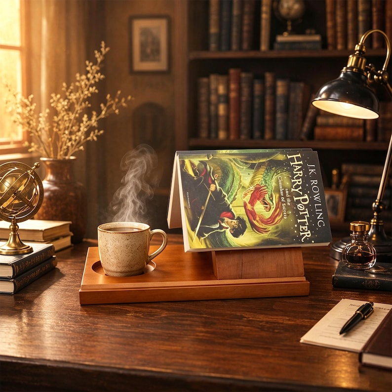 Personalized Wooden Book Stand,Reading Rest with Coffee Cup Holder, Custom Engraved Book Lover Gift, Reading Nook Decor image 4