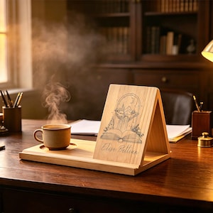 Personalized Wooden Book Stand,Reading Rest with Coffee Cup Holder, Custom Engraved Book Lover Gift, Reading Nook Decor image 2