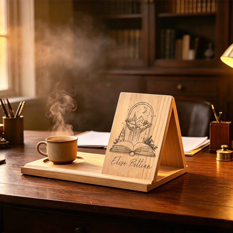 Personalized Wooden Book Stand,Reading Rest with Coffee Cup Holder, Custom Engraved Book Lover Gift, Reading Nook Decor image 2