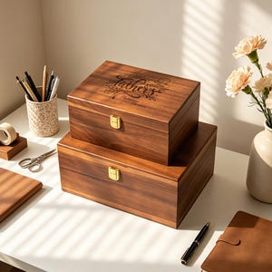 May include: Two wooden boxes stacked on top of each other. The top box has the words "Fathers Day" engraved on the lid. Both boxes have gold-colored clasps. The boxes are on a white surface.