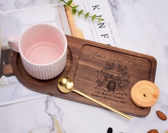 Tabla de té y galletas de madera personalizada, bandeja de té de madera grabada, tabla para servir té personalizada, bandeja para café, regalo de aniversario de boda
