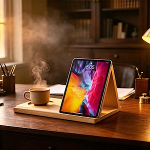 May include: A light-colored wooden tablet stand with an integrated circular coaster base. A tablet with a colorful abstract screen display showing the time 5:05 is propped up on the stand, next to a steaming ceramic mug of hot beverage.