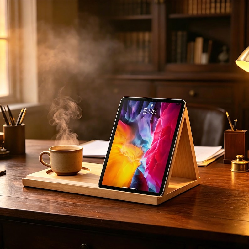 May include: A light-colored wooden tablet stand with an integrated circular coaster base. A tablet with a colorful abstract screen display showing the time 5:05 is propped up on the stand, next to a steaming ceramic mug of hot beverage.