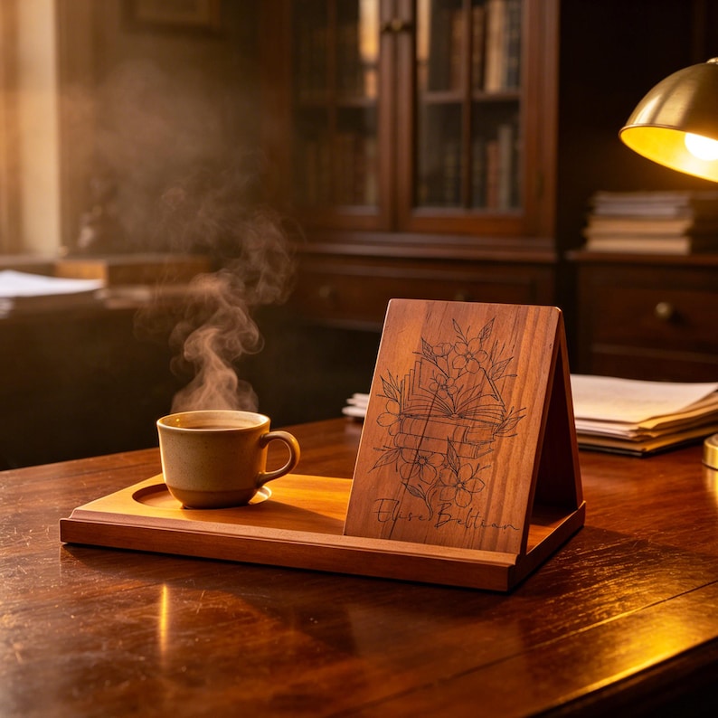 May include: A wooden tray with a circular indentation holding a steaming ceramic mug and an attached upright wooden panel featuring a laser-engraved illustration of stacked books and flowers with the cursive text "Elisa Beltran".
