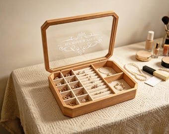 Caja de joyería de madera personalizada con tapa de cristal, estuche organizador grande, el mejor regalo para mamá.