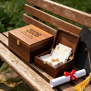 Könnte beinhalten: Zwei hölzerne Andenkenboxen, eine geschlossene und eine offene, liegen auf einer Holzbank. Die geschlossene Box trägt den eingravierten Text "2026" und einen Namen. Die offene Box enthält Karten und eine Geschenkbox. Ein Diplom und eine Abschlusskappe sind ebenfalls vorhanden.