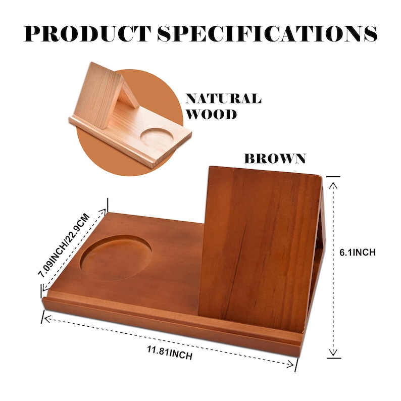 May include: A brown wooden desk organizer featuring a rectangular base with a circular cutout and an angled upright support. The product is labeled with dimensions of 11.81 inches in length, 7.09 inches in width, and 6.1 inches in height.