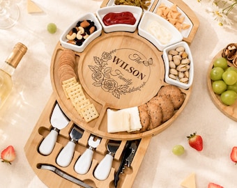 Personalized Bamboo Charcuterie Board Set with Knives & Bowls, Wedding, Housewarming Gift for Couple