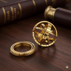 May include: A gold-colored, articulated armillary sphere and a matching ring sit on a dark wooden surface. The sphere has engraved markings and movable bands. The ring is composed of several bands with an engraved pattern. A book and a telescope are in the background.