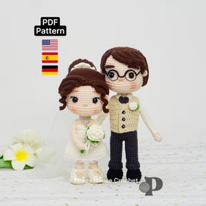 May include: A crocheted bride and groom, ideal for wedding decorations. The bride is in a white dress and holds a bouquet. The groom wears a waistcoat and bow tie. The image includes the text "PDF Pattern" and flags.