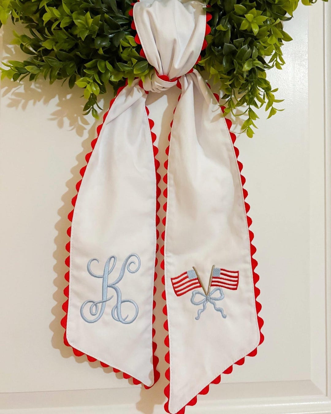 Monogram 4th of July Wreath Sash, American Flag Door Decor - Vintage