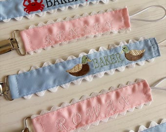 3 pack Custom embroidered pacifier clip, monogram pacifier clips, scallop embroidered pacifier holder, ric rac trim paci clip, baby gift