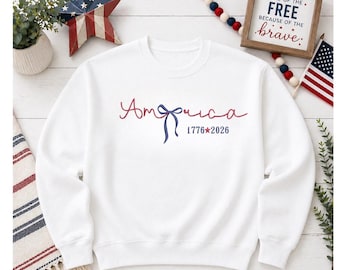 Felpa patriottica USA, con ricamo personalizzato del logo America, a maniche lunghe da donna (stile 4 luglio)