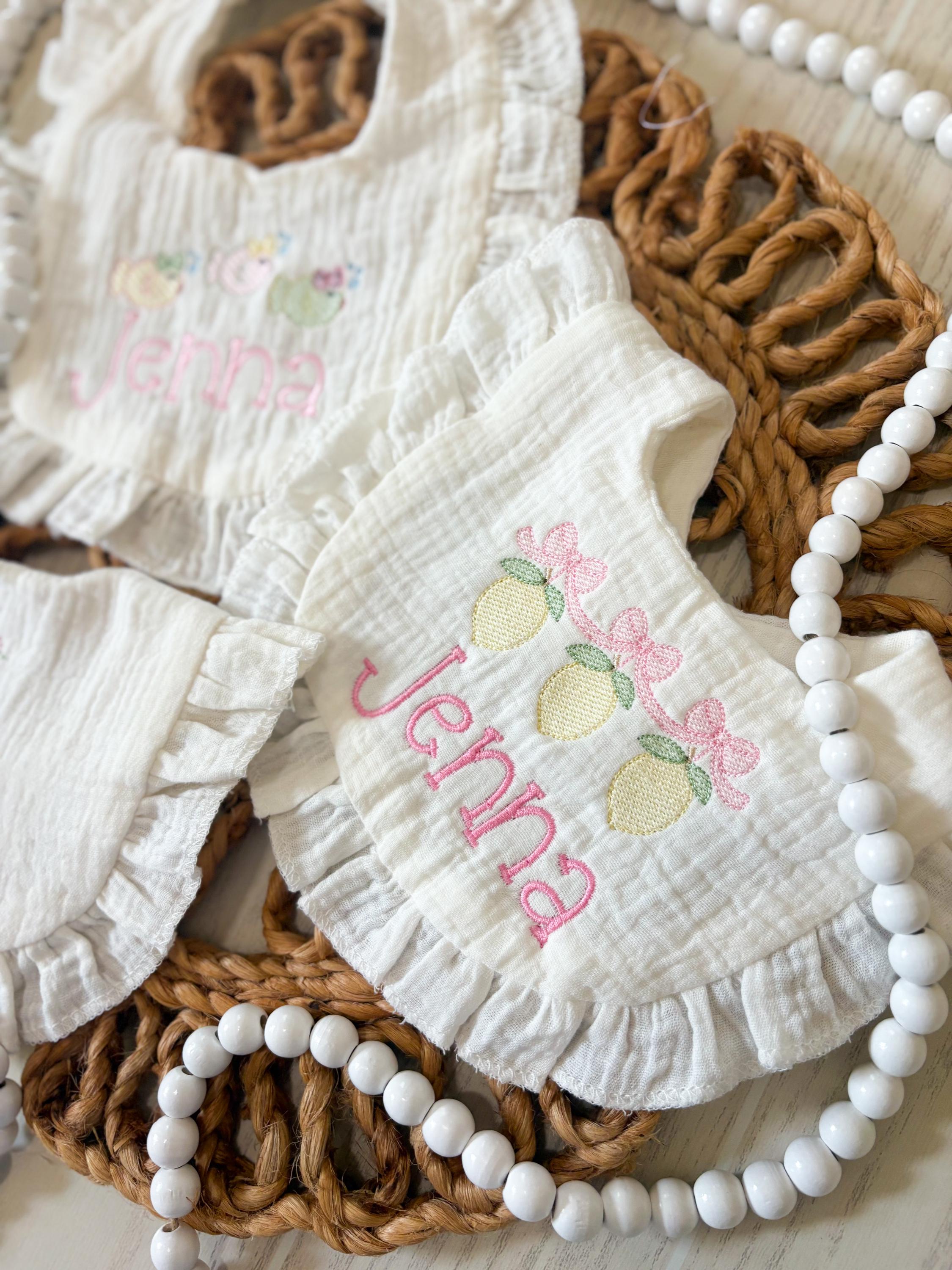 Muslin Ruffled Bibs Custom Embroidered Muslin Baby Girl Bibs, Set of 3, Ruffle Summer ...