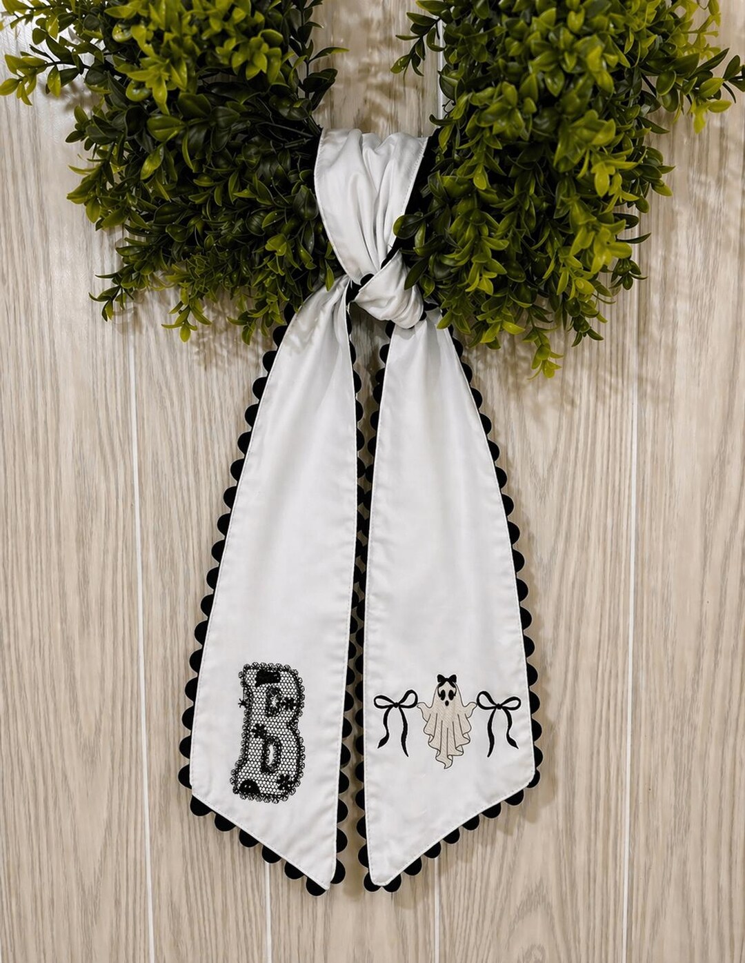 Embroidered Coquette Ghost Bow Halloween Initial Ric Rac Wreath Sash ...